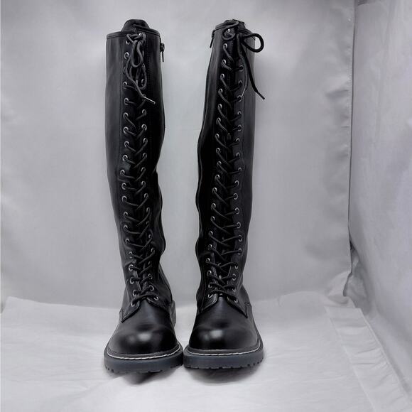 Wild Pair Womens Combat Boot Size 9.5 Black Knee High Lace Up Lug Sole Goth Moto - Picture 3 of 12
